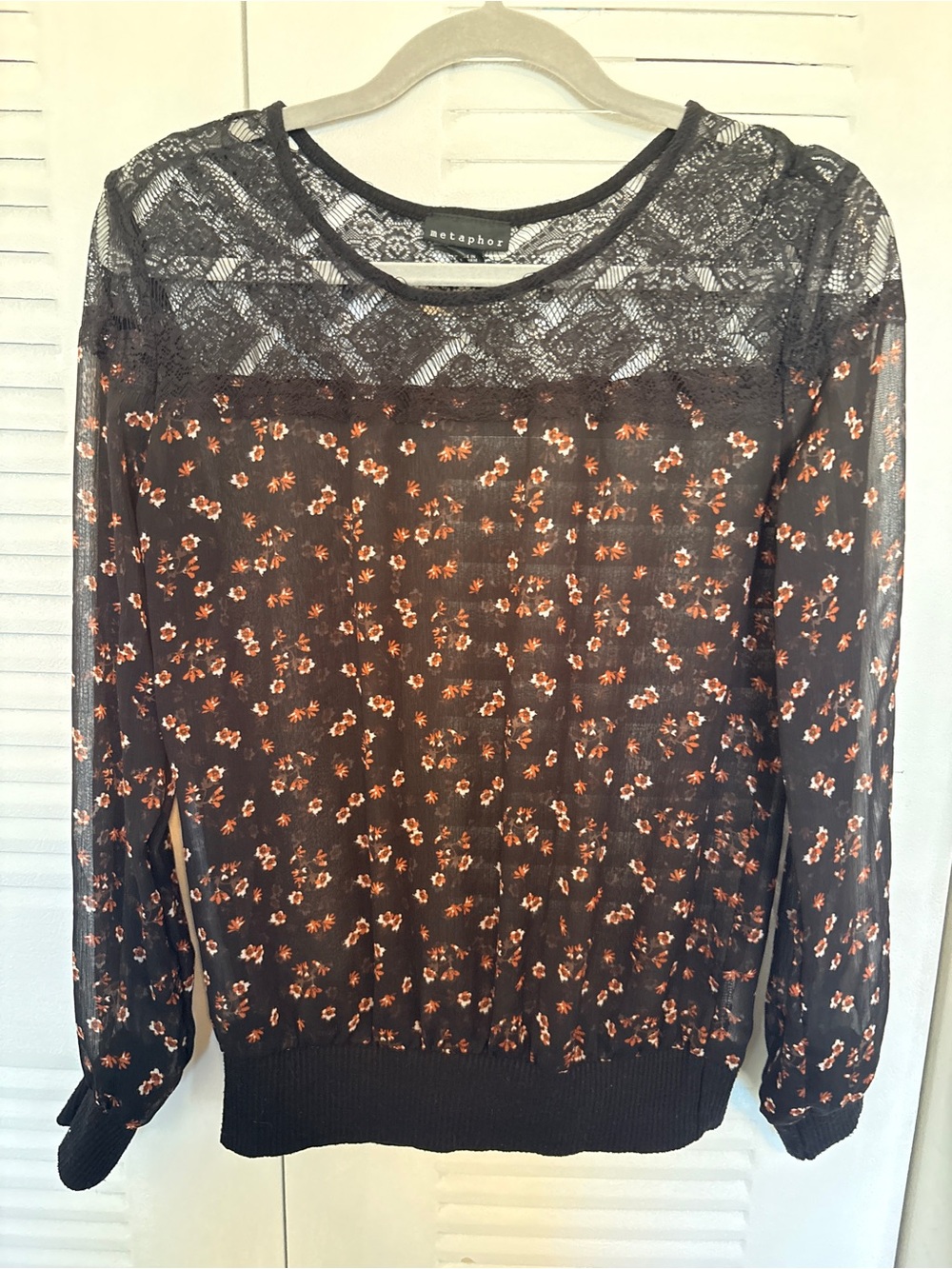 Metaphor Black Sheer Floral Blouse | Lace Shoulder  | Long Sleeve Top | S